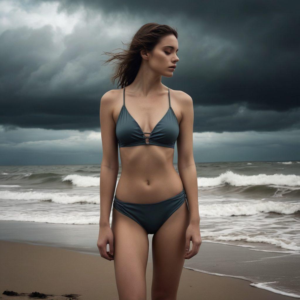 A melancholic beach scene featuring a beautiful model wearing a stylish two-piece swimwear, set against a gloomy sky with dark clouds. The waves crash softly in the background while sea shadows create a sense of depth and sorrow. The model's expression is contemplative, embodying a wistful mood. Incorporate elements of nature like wilted flowers on the sand to enhance the theme of despair. super-realistic. muted colors. dramatic lighting.